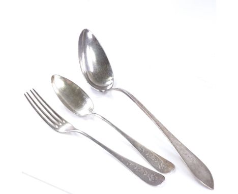 A Danish silver gravy spoon, with bright-cut engraved decoration, length 30cm, together with a Continental silver fork and sp