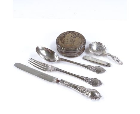 A group of silver and plated items, including Georgian caddy spoon by John Bettridge 