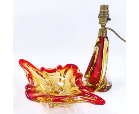 Murano 1950s Sommerso lamp base, and a Murano sculptural glass bowl, bowl length 34.5cm (2) 