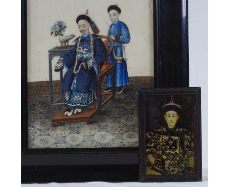 19th century Chinese watercolour on rice paper, portrait of a nobleman, 11" x 7", and a miniature Chinese reverse glass paint