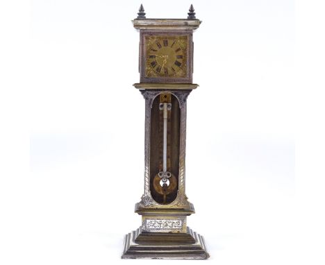 A 19th century miniature electroplate on brass longcase clock, with inset thermometer to the case, height 21cm 