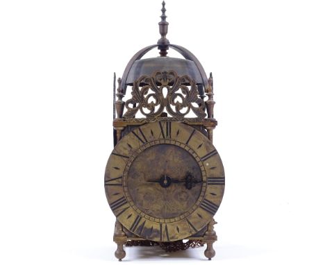 A brass-cased lantern clock, probably mid 20th century, dial inscribed Daniel Ray of Sudbury, brass and iron movement strikin