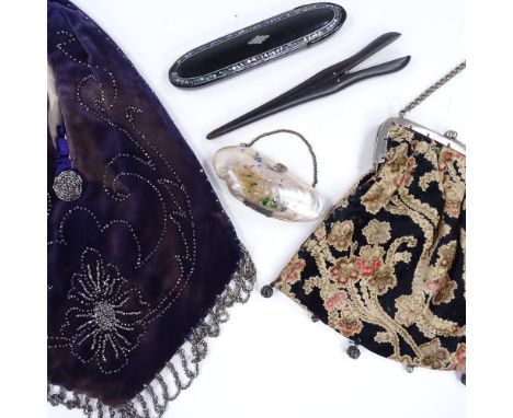 A velvet purse with cut steel beaded decoration, a mother-of-pearl inlaid spectacle case, a mother-of-pearl shell purse etc (