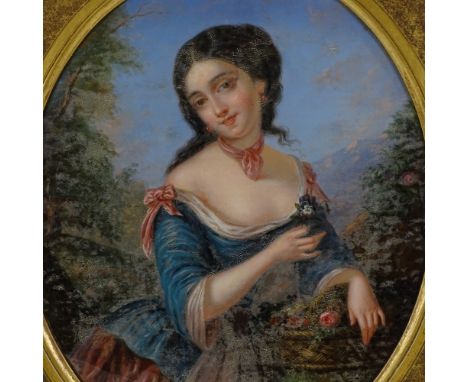 19th century reverse painting behind convex glass panel, portrait of a young flower girl, unsigned, 18" x 15", original ornat