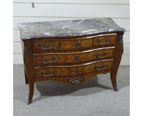 A French kingwood bombe commode, early 20th century, with shaped marble top, 3 long drawers with cast brass mouldings and mou