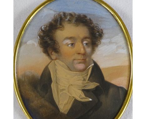 19th century Russian School, oval miniature watercolour portrait of a gentleman in a fur-trimmed coat, unsigned, 5" x 4", fra