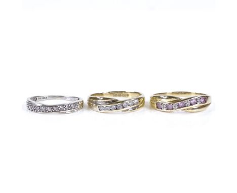 3 9ct gold diamond and stone set crossover rings, largest size R, 5.7g total (3) 