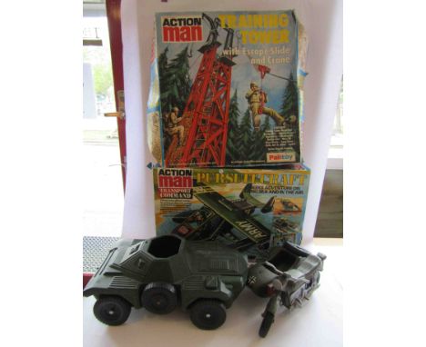 A boxed Palitoy Action Man Pursuit Craft, boxed Training Tower and unboxed motorbike and sidecar and tank (4)