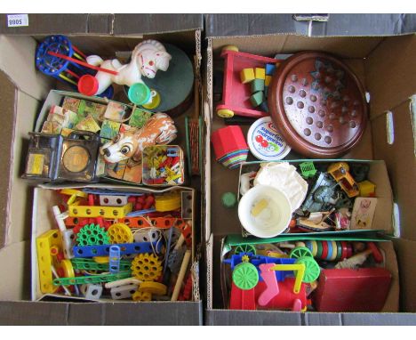 Two boxes of mixed vintage toys including tinplate dog, solitaire board etc