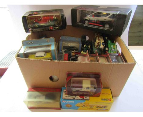 Mixed boxed and loose diecast vehicles including 1:18 scale Mercedes Benz A-Class, Matchbox Models Of Yesteryear, Ertl, Solid