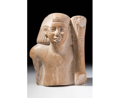 Late Period, Ca. 600 - 450 BC. A limestone figure of a male with a broad, angular torso and arms bent at the sides. The head 