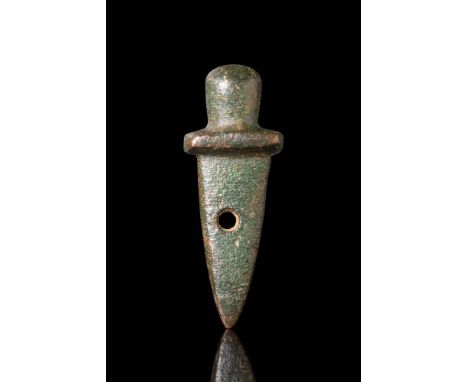 Ca. AD 1 - 300.A bronze amulet in the shape of a legionary gladius sword. The blade is narrow and tapers to a point, pierced 