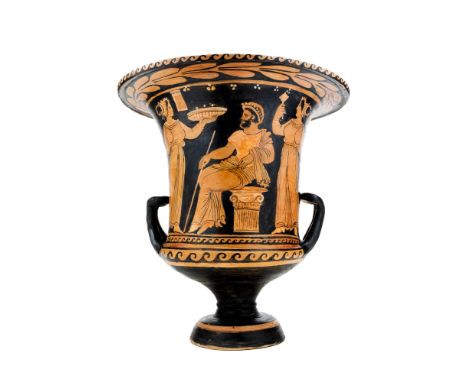 Ca. 350 BC.A large red-figure chalice krater features a wide, flaring rim, a high pedestal foot, and a robust profile with op