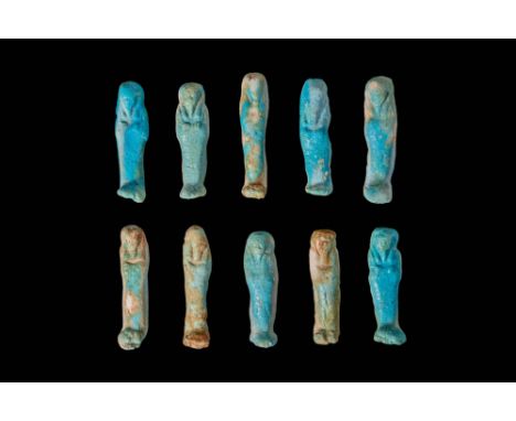 Third Intermadiate Period to Late Period, Ca. 1069 - 332 BC. A collection of 10 faience ushabtis, each moulded in a simplifie