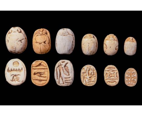 New Kingdom, Ca. 1550 - 1069 BC. A collection of six steatite scarabs, each with a domed back and detailed head. The undersid