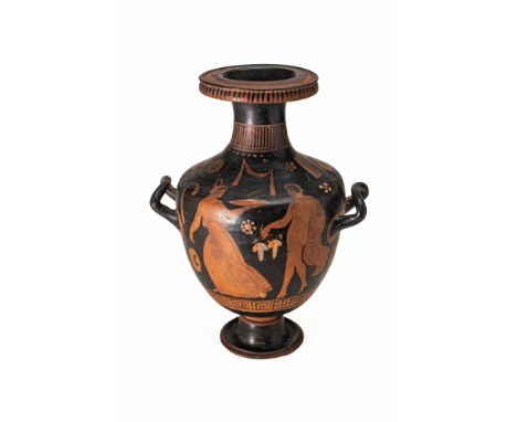 Ca. 330 - 300 BC. A black-glazed hydria with an ovoid body, broad shoulder, cylindrical neck and overhanging lip, all resting