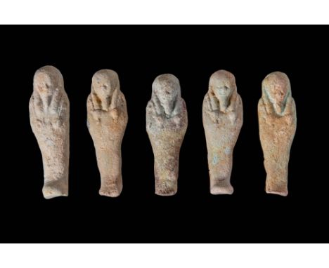 Late Period to Ptolemaic Period, Ca. 664 - 30 BC. A collection of five faience ushabtis, each moulded in a simplified mummifo
