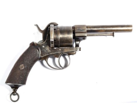 A 19th Century Belgian 12mm Six Shot Pinfire Revolver, with 12cm round steel barrel, the cylinder with Liege proof marks, hin