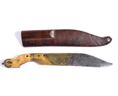 A 19th Century Sinhalese Piha-Kaetta, the 20cm single edge broad hatchet-tip steel blade with gilt panel to the ricasso deepl