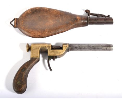 A Greyhound Racing Starting Pistol, with 9cm steel barrel, brass frame, with sprung cap holder, steel trigger and wood grip; 