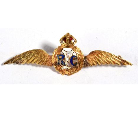A 15 Carat Gold and Enamel Royal Flying Corps Sweetheart Brooch, one wing repaired, 3.9gm