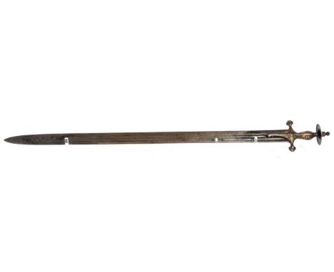 A 19th Century Indian Talwar, the 81cm single edge broad steel blade with three narrow fullers, the steel cruciform hilt with