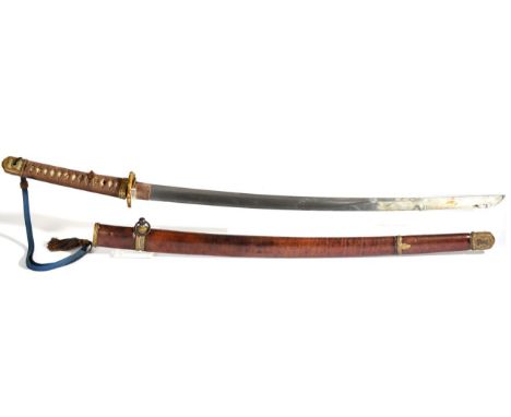 A Japanese Second World War Katana, the 66.5cm steel blade with faint horizontal hamon, one piece burred copper habaki, the t