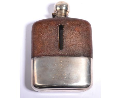 A Silver and Glass Hip Flask, with hinged baton fastening cover and pigskin shoulders, the pull-off cup engraved 'SIR OLIVER 