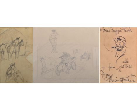 Bruce Bairnsfather - a signed dedicated caracature sketch of Old Bill ''To Miss Maggie Peck, 'ullo! from Old Bill x'' , black
