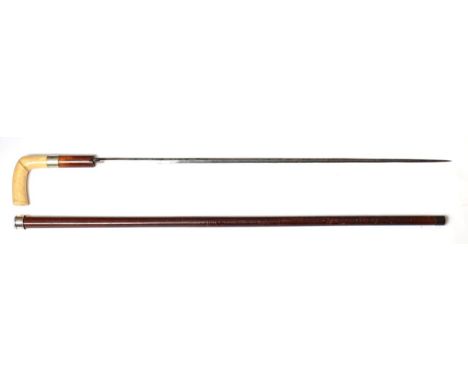 A Victorian Malacca Sword Stick, with 66cm flattened diamond section steel blade, plated collar, curved bone handle, the mala