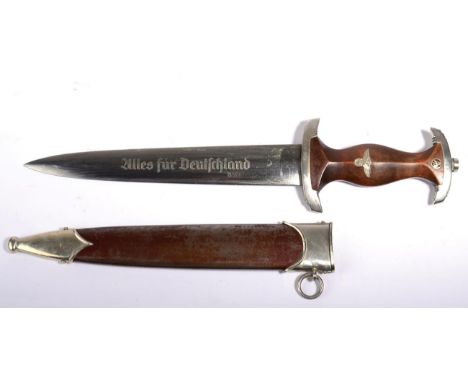 A German Third Reich SA Dagger, the double edge steel blade etched Alles fur Deutschland and with maker's oval squirrel logo,