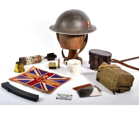 Assorted Items of Militaria, including Brodie helmet, the shell with applied red, blue and yellow formation type transfer, we
