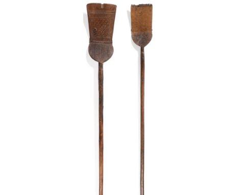 A 19th Century Hard Wood Grain/Malt Shovel, possibly of Scandinavian influence, the angled thistle shape head carved with a p
