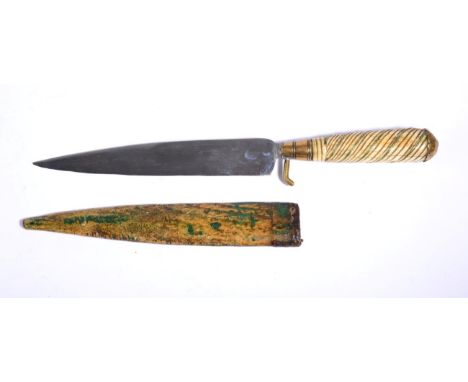 An 18th Century Continental Knife, single edge, spear point blade, with wrythen fluted, brass-mounted and wire-inlaid bone gr