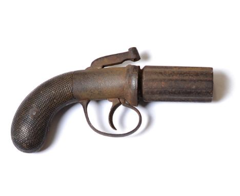 A 19th Century Six Shot Pepperbox Percussion Revolver, the 7cm cylinder with Birmingham proof marks, bar hammer and chequered