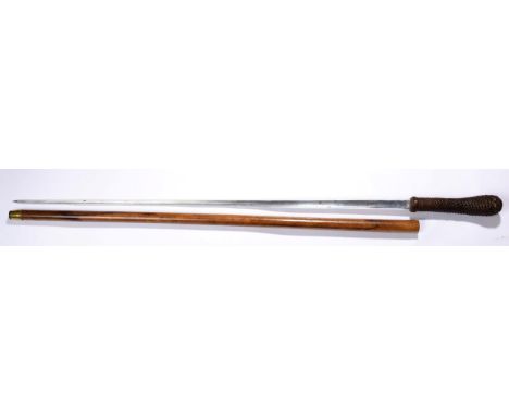 A Victorian/Edwardian Malacca Swordstick, with 75cm fullered triangular section plated steel blade, with plaited leather boun