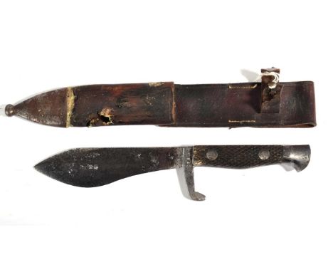 A Second World War Spanish Combat Knife, the 14cm Bolo steel blade with chequered/milled back edge, faintly etched with crown