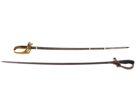 A Second World War German Infantry Officer's Sword, with 86cm single edge fullered steel blade, brass stirrup hilt with round
