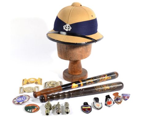 A Collection of Police Memorabilia, comprising a Victorian turned and ebonised wood truncheon, painted and gilt with the Roya
