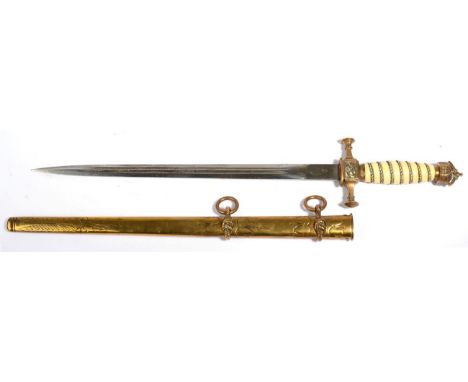 An Imperial German Naval Dress Dagger, the 32 cm double-fullered damascus blade stamped maker's helmet and leaf mark,the bras