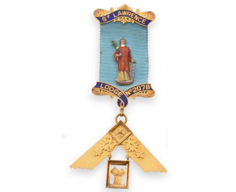 An 18 Carat Gold and Enamel Masonic Past Master's Jewel, to St. Lawrence Lodge No.2078, engraved 'PRESENTED TO W.BRO.R.G.SMIT