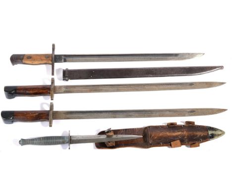 A Third Pattern Fighting Knife, with hand forged steel blade, plain steel crossguard and ribbed aluminium hilt, with leather 