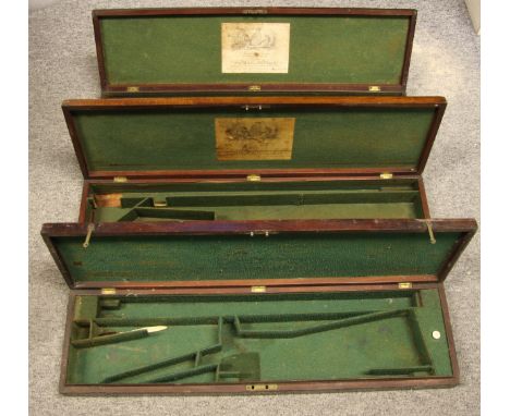 A MAHOGANY CASE FOR A SINGLE BARRELLED FLINTLOCK SPORTING GUN BY JOSPEH MANTON, NO. 11 HANOVER SQUARE, CIRCA 1820-25 AND TWO 