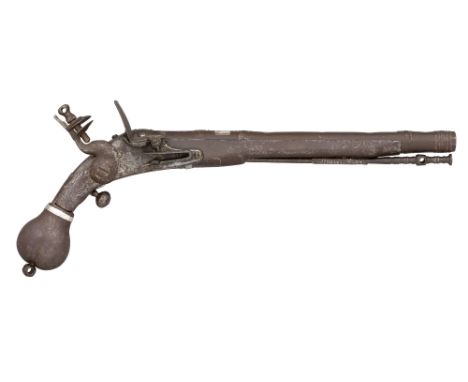 A RARE 20 BORE EAST SCOTTISH FLINTLOCK BELT PISTOL FORMED ENTIRELY OF STEEL, LATE 17TH CENTURY with tapering multi-stage barr