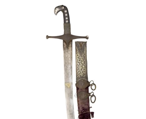 ‡A PERSIAN SWORD (SHAMSHIR), LATE 19TH CENTURY with curved single-edged blade etched with a calligraphic panel on each face a