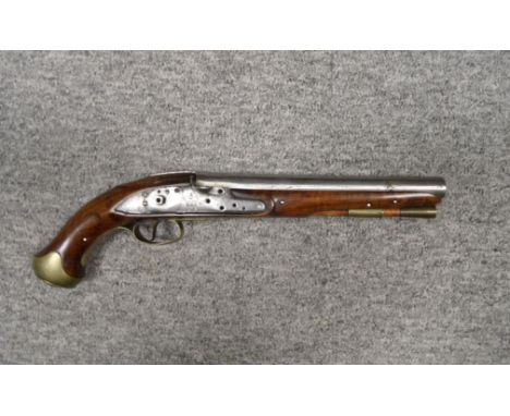 A .650 CALIBRE LIGHT DRAGOON FLINTLOCK PISTOL, EARLY 19TH CENTURY with tapering 9 in barrel, border-engraved rounded lock wit