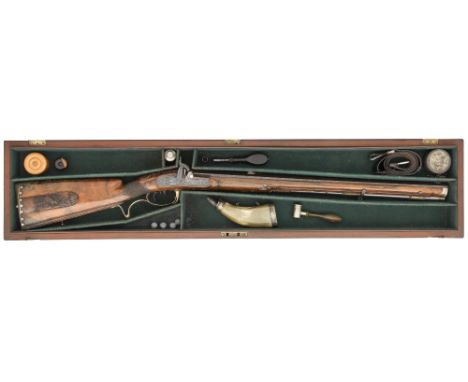 ˜A CASED .600 CALIBRE PERCUSSION SPORTING RIFLE, MID-19TH CENTURY, THE LOCK SIGNED DOOLEY, LIVERPOOL with German browned twis