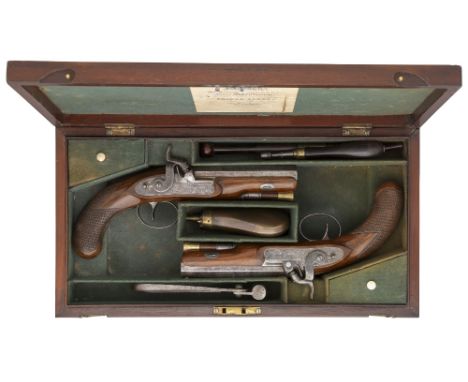 A CASED PAIR OF 16 BORE PERCUSSION TRAVELLING PISTOLS BY WESTLEY RICHARDS, 170 NEW BOND STREET, LONDON, BIRMINGHAM PROOF MARK