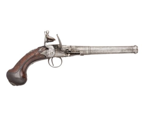 A 20 BORE FLINTLOCK TURN-OFF PISTOL BY JAMES FREEMAN, LONDON, CIRCA 1720 with cannon barrel, faceted breech inscribed 'London