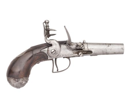 A 40 BORE FLINTLOCK TURN-OFF PISTOL BY I. SCAMADINE, EARLY 18TH CENTURY with associated barrel, separate tang, rounded action
